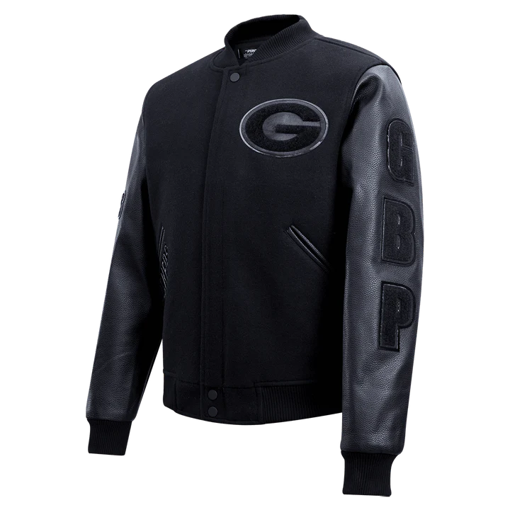 Green Bay Packers Triple Black Logo Varsity Jacket WorthVee
