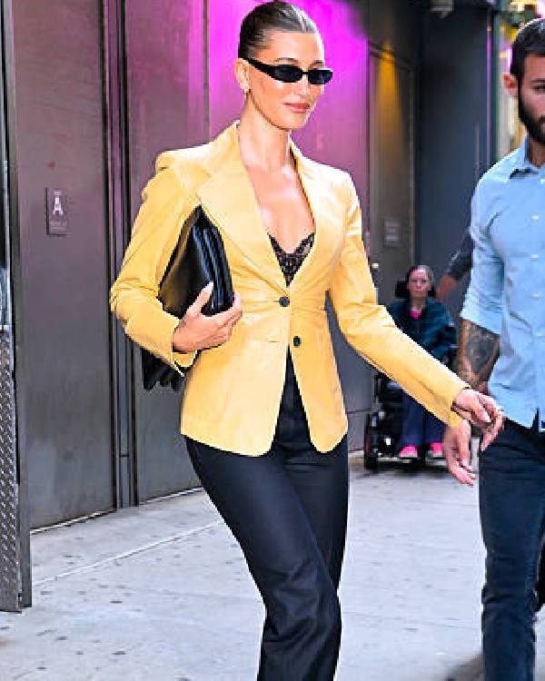 Hailey Bieber The Rhode x Sephora launch NYC Beige Leather Blazer WorthVee