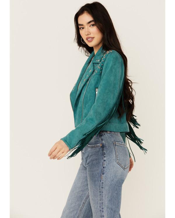Heartland S19 River Teal Studded Suede Fringe Jacket