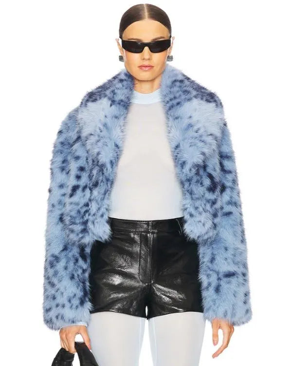 High Potential S02 Kaitlin Olson Blue Leopard Faux Fur Coat