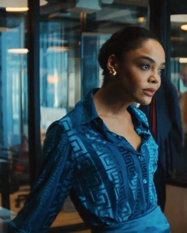 His and Hers S01 Tessa Thompson Blue Silk Blouse