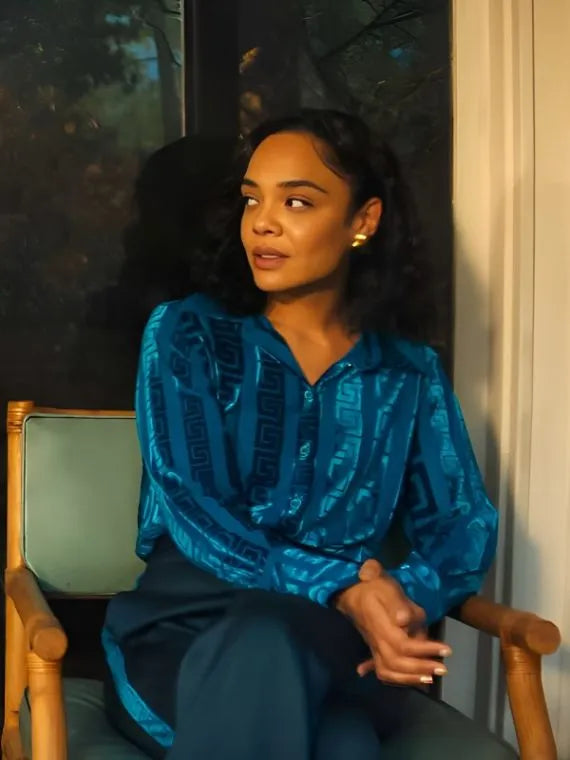 His and Hers S01 Tessa Thompson Blue Silk Blouse