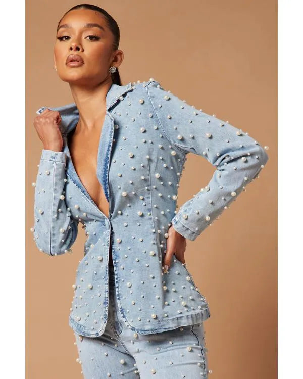 House Of Payne S14 Pearls Embellished Denim Blazer Set