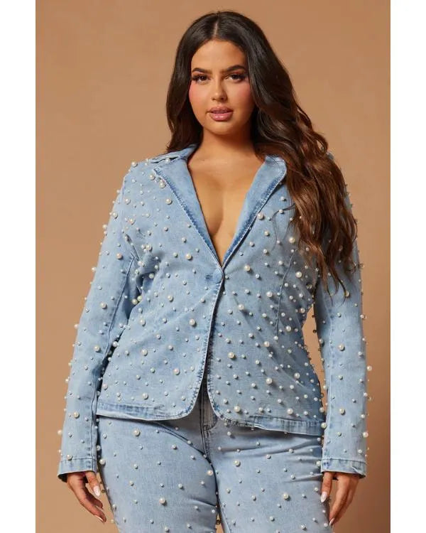 House Of Payne S14 Pearls Embellished Denim Blazer Set