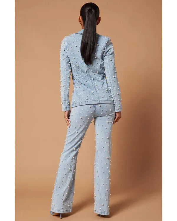 House Of Payne S14 Pearls Embellished Denim Blazer Set
