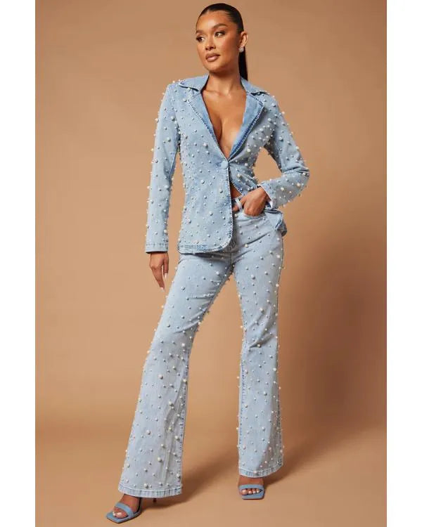 House Of Payne S14 Pearls Embellished Denim Blazer Set