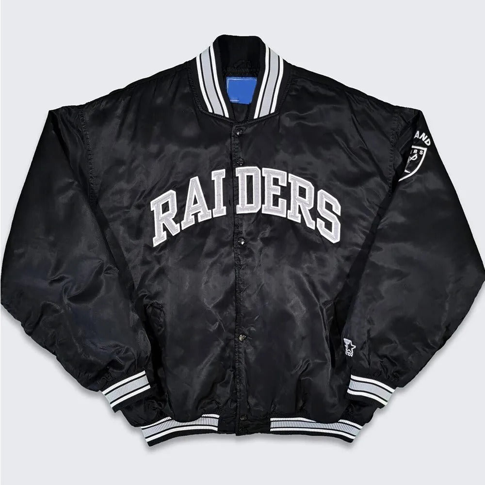 90’s Oakland Raiders Black Satin Bomber Jacket WorthVee