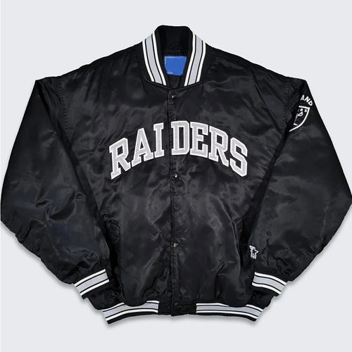 90’s Oakland Raiders Black Satin Bomber Jacket WorthVee
