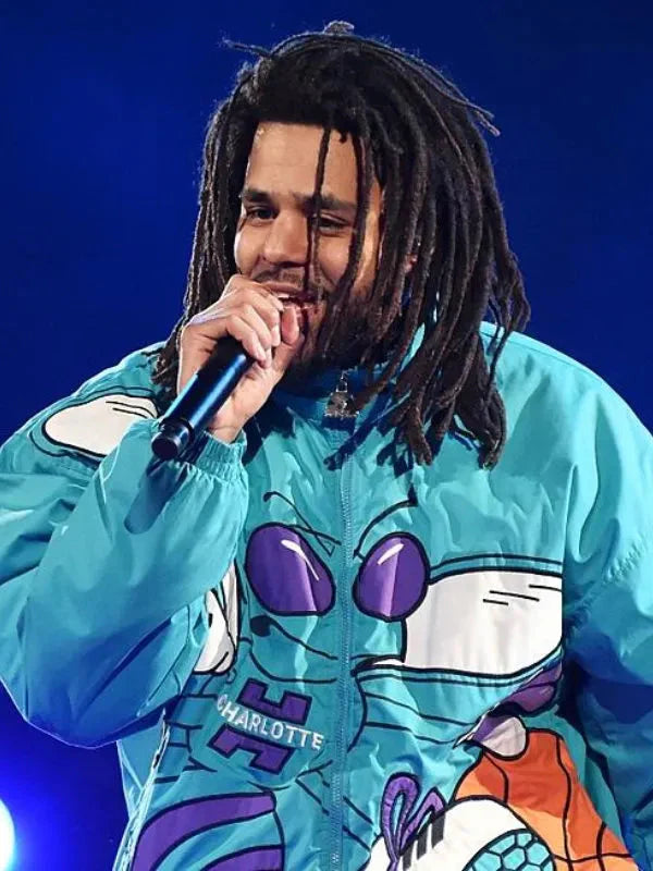 J. Cole 90s Char­lotte Hor­nets Blue Hooded Jack­et Clanton Jacket