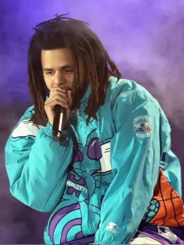 J. Cole 90s Char­lotte Hor­nets Blue Hooded Jack­et Clanton Jacket