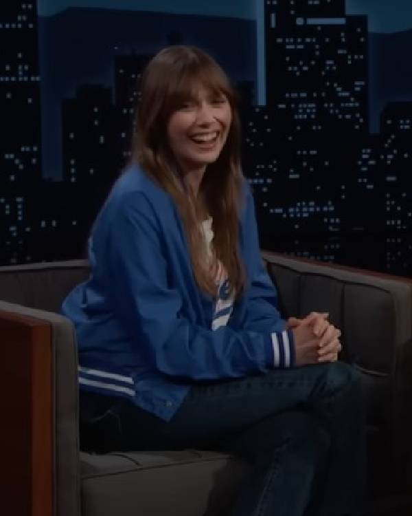 Jimmy Kimmel Live Elizabeth Olsen Blue Letterman Jacket