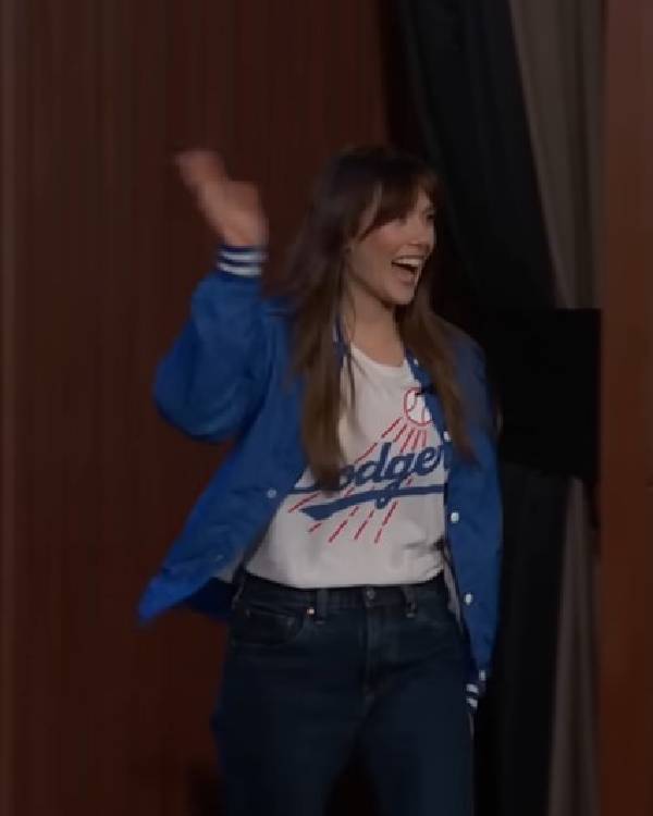Jimmy Kimmel Live Elizabeth Olsen White Dodgers Shirt
