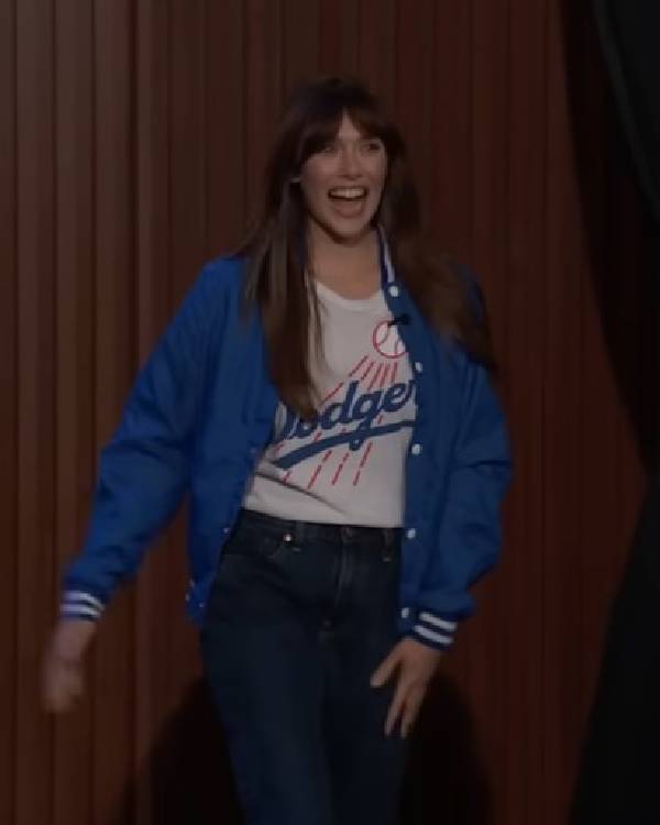 Jimmy Kimmel Live Elizabeth Olsen Blue Letterman Jacket