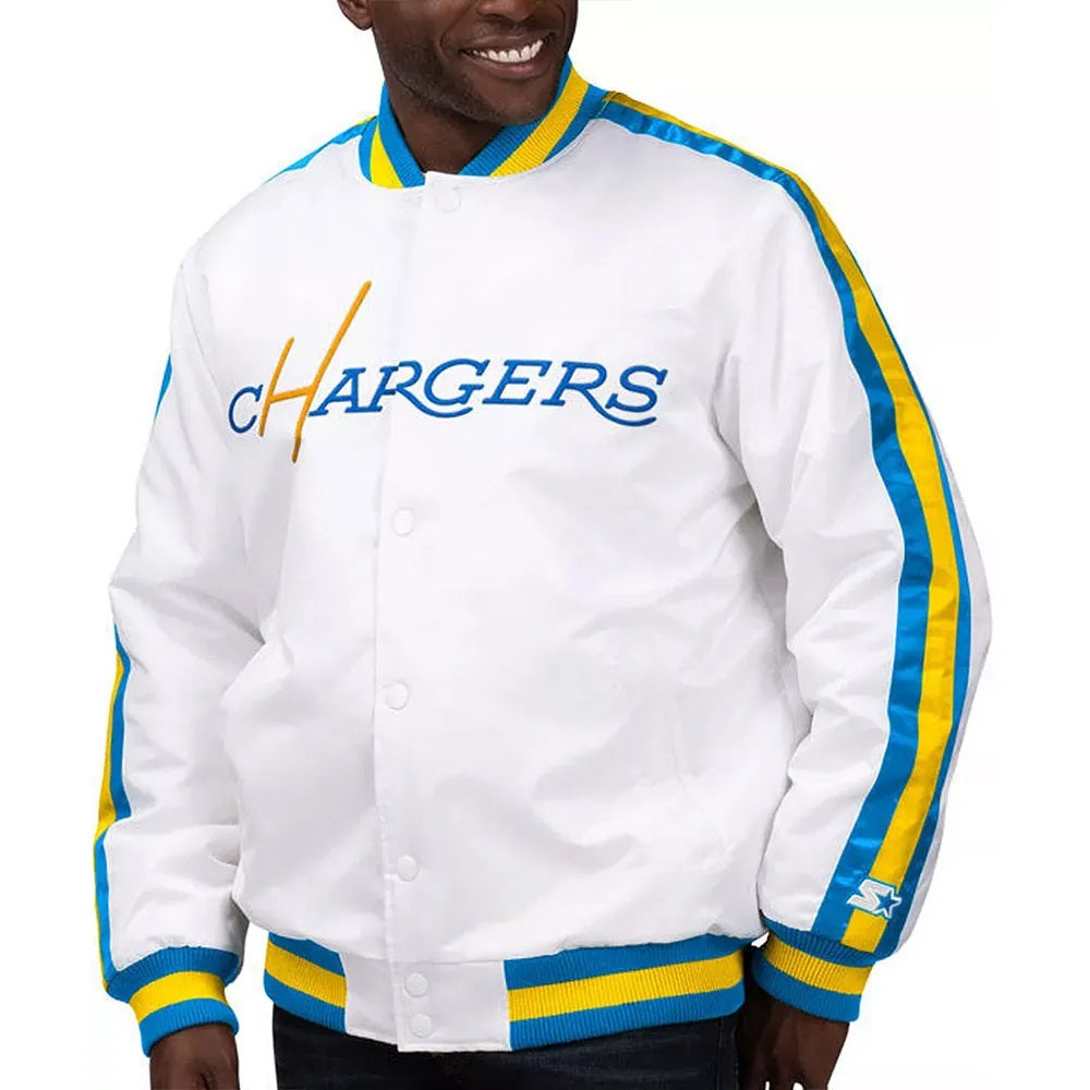 LA Chargers The D-Line White Satin Varsity Jacket WorthVee
