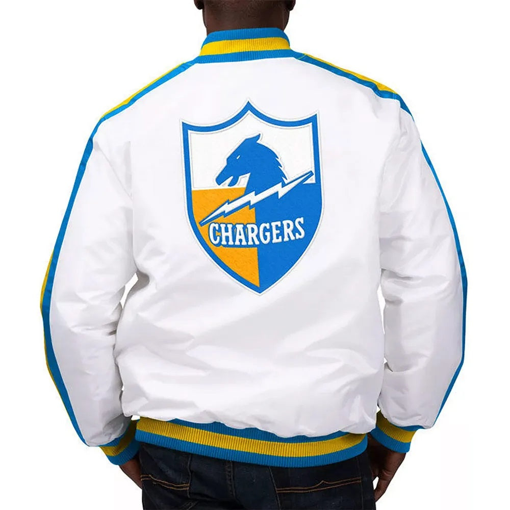 LA Chargers The D-Line White Satin Varsity Jacket WorthVee