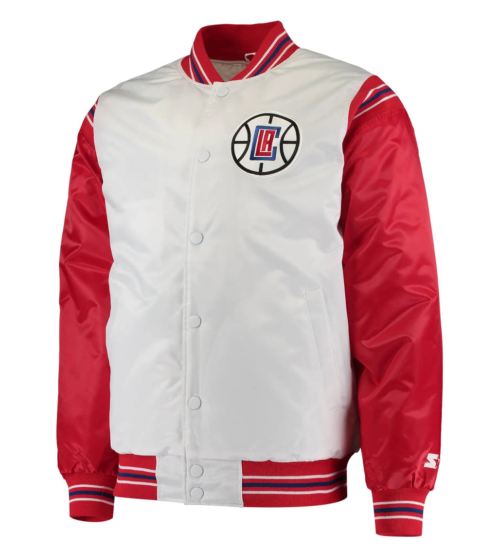 LA Clippers Renegade Full-Snap White & Red Satin Varsity Jacket WorthVee