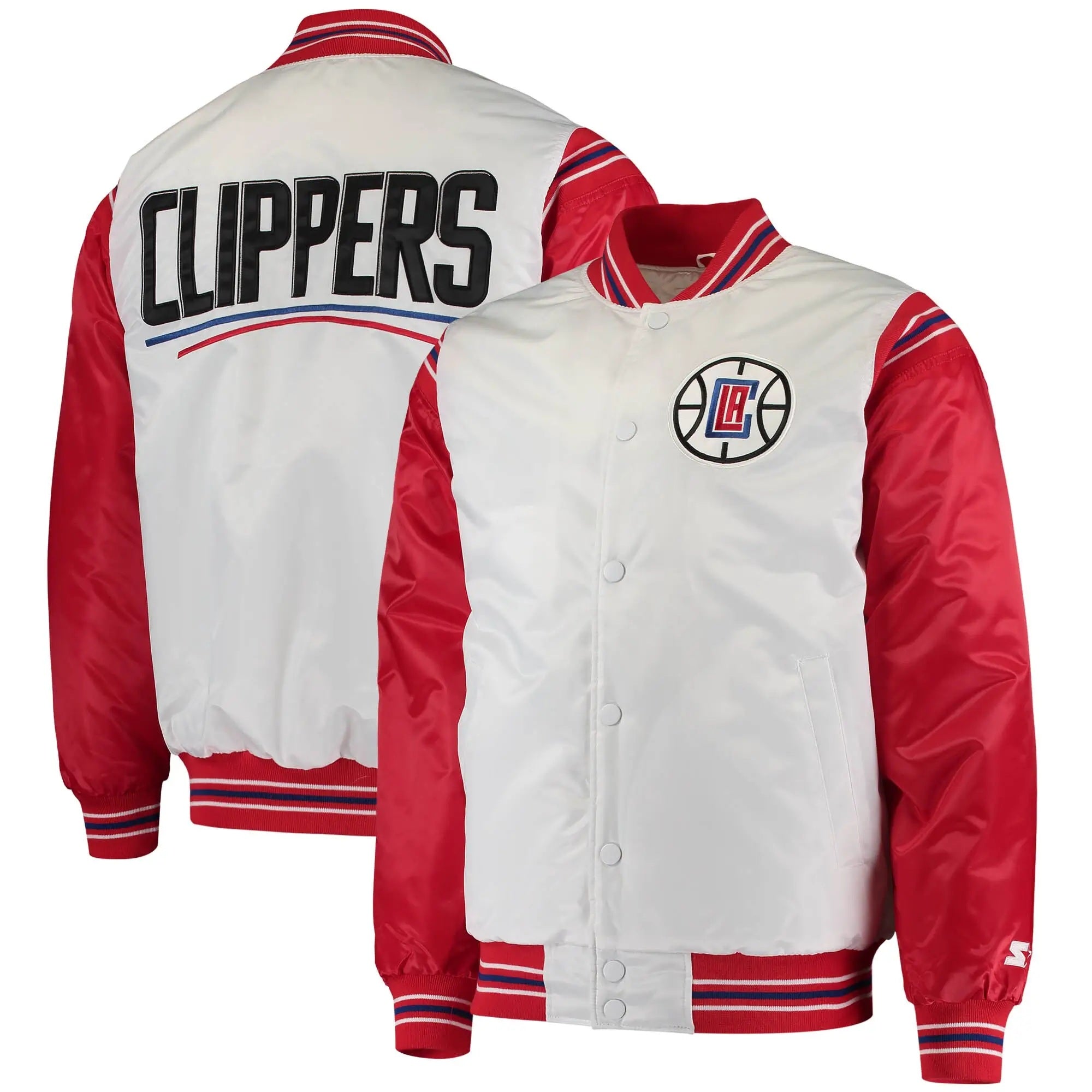 LA Clippers Renegade Full-Snap White & Red Satin Varsity Jacket WorthVee