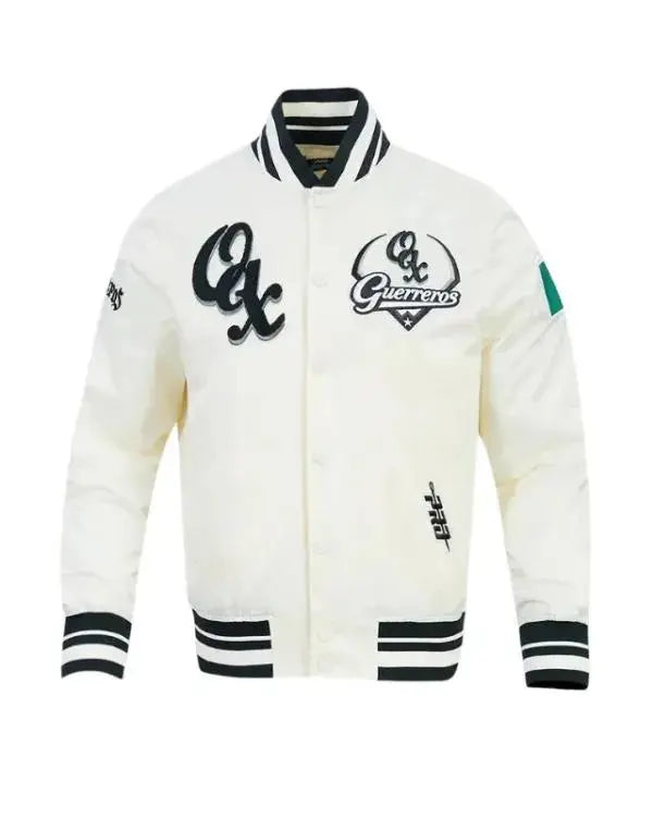 LMB Oaxaca Warriors Cream Satin Varsity Jacket WorthVee