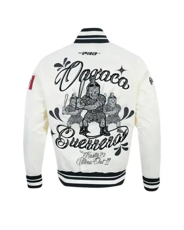 LMB Oaxaca Warriors Cream Satin Varsity Jacket WorthVee