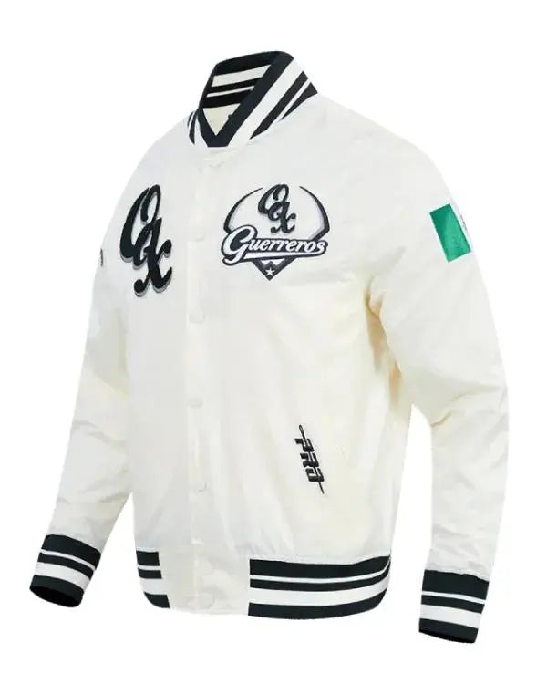 LMB Oaxaca Warriors Cream Satin Varsity Jacket WorthVee