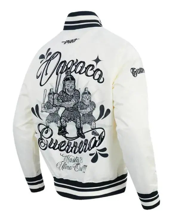 LMB Oaxaca Warriors Cream Satin Varsity Jacket WorthVee