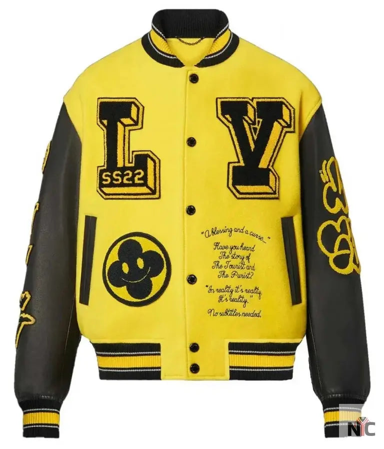 LV Letterman Yellow and Black Leather Jacket Clanton Jacket