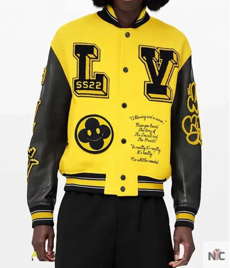 LV Letterman Yellow and Black Leather Jacket Clanton Jacket
