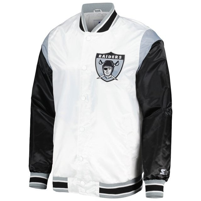 Las Vegas Raiders Throwback Warm Up Pitch White Satin Jacket WorthVee