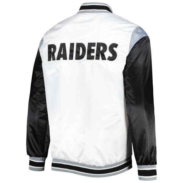 Las Vegas Raiders Throwback Warm Up Pitch White Satin Jacket WorthVee