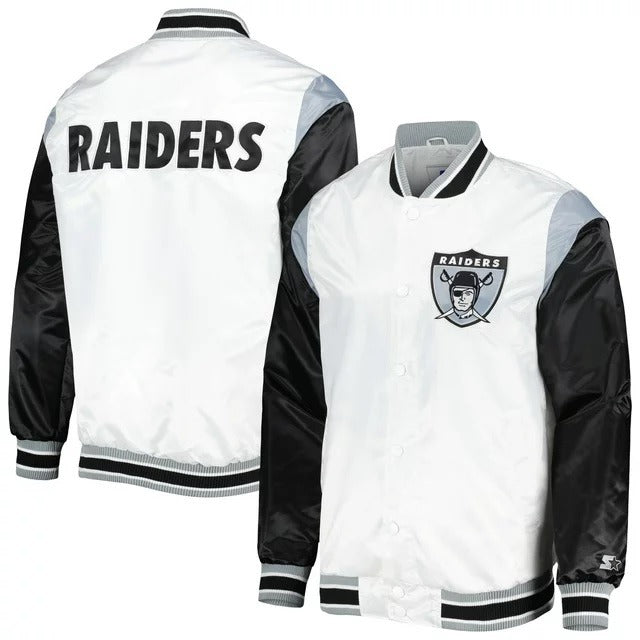 Las Vegas Raiders Throwback Warm Up Pitch White Satin Jacket WorthVee