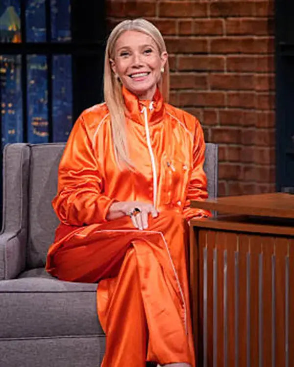 Late Night with Seth Meyers Gwyneth Paltrow Orange Tracksuit WorthVee