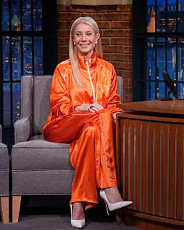 Late Night with Seth Meyers Gwyneth Paltrow Orange Tracksuit WorthVee