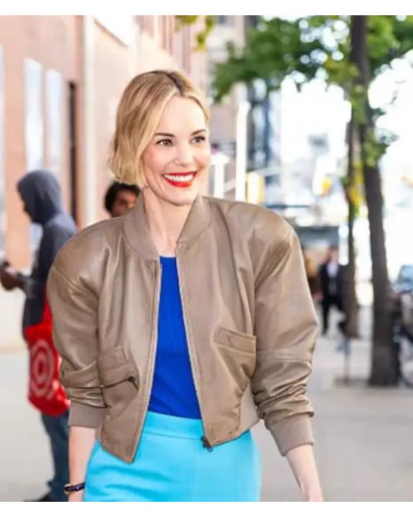Leslie Bibb New York City Cropped Leather Bomber Jacket