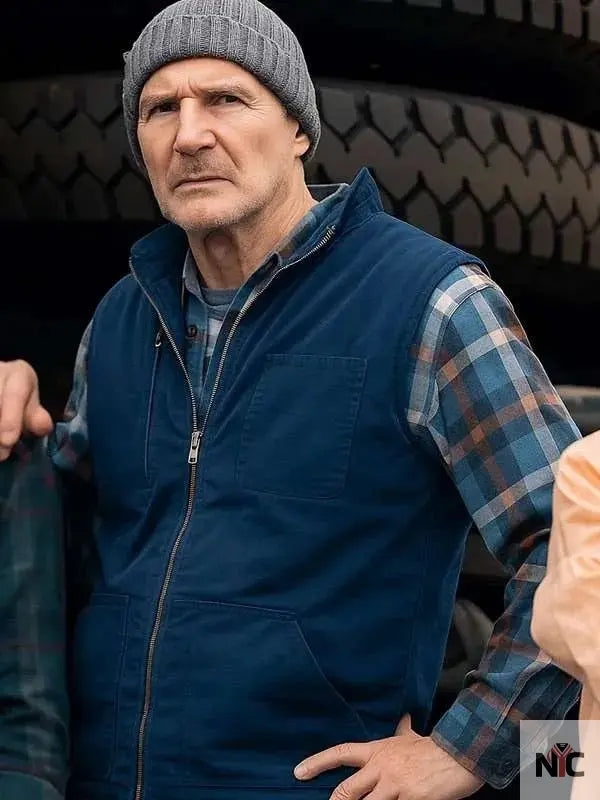 Liam Neeson Ice Road Vengeance 2025 Blue Vest Clanton Jacket
