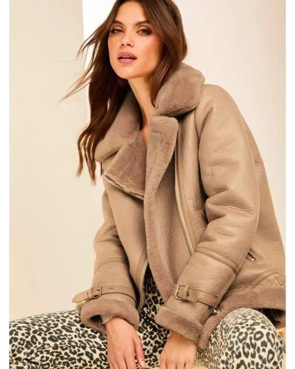 Lipsy Camel Fur Lined Aviator Jacket