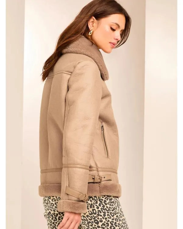 Lipsy Camel Fur Lined Aviator Jacket