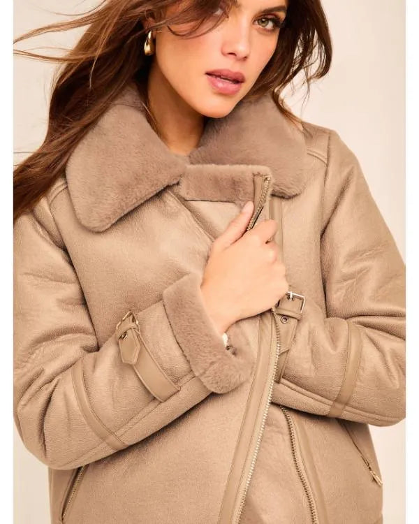 Lipsy Camel Fur Lined Aviator Jacket