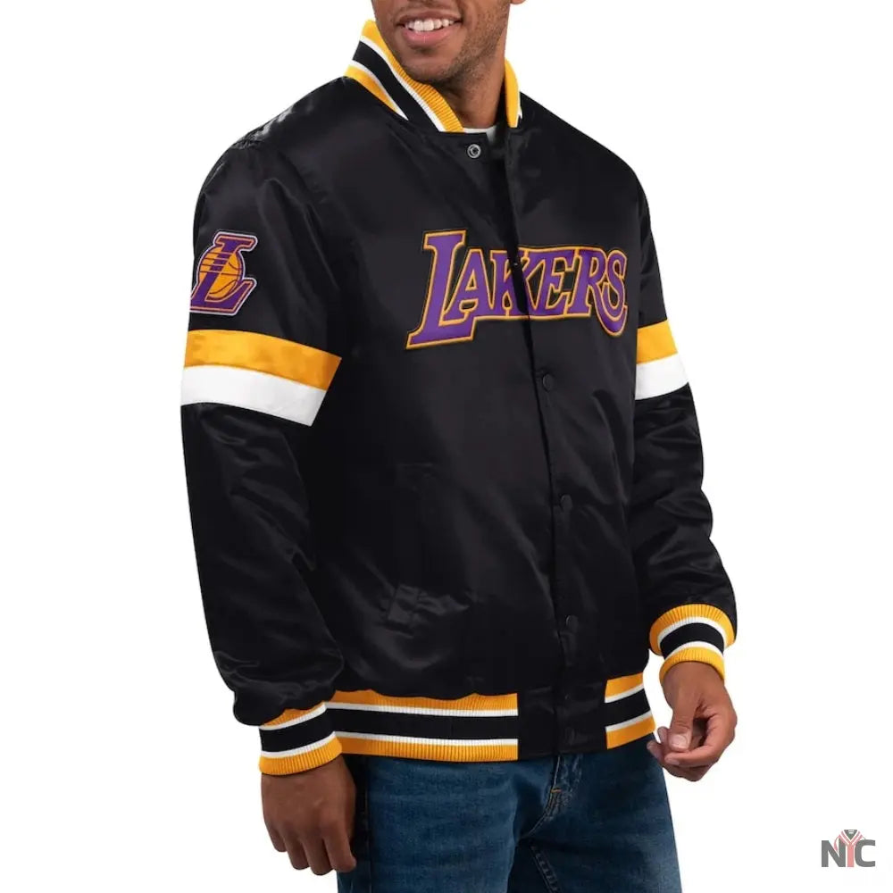 Los Angeles Lakers Home Game Black Satin Varsity Jacket Clanton Jacket