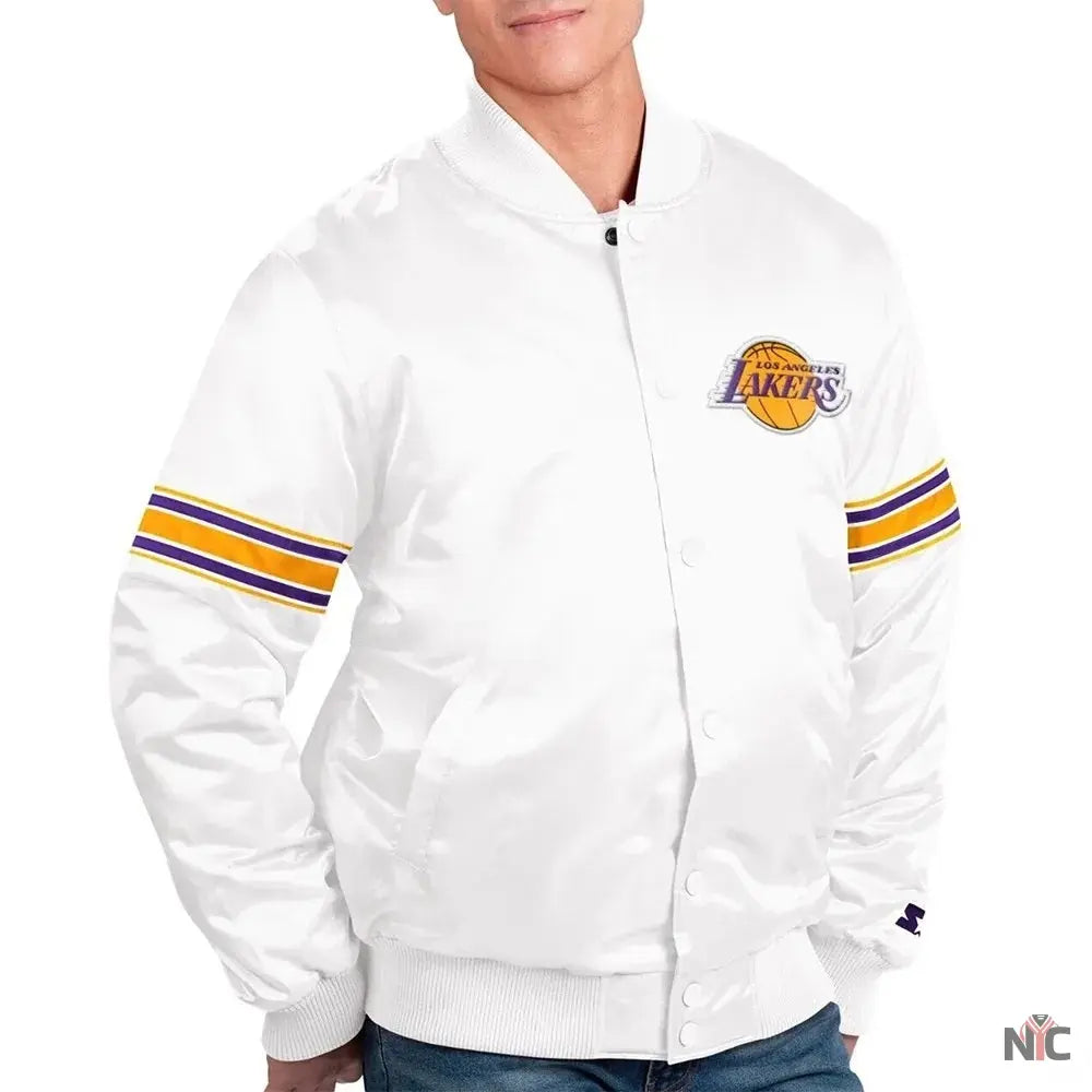 Los Angeles Lakers Power Forward White Satin Varsity Jacket Clanton Jacket