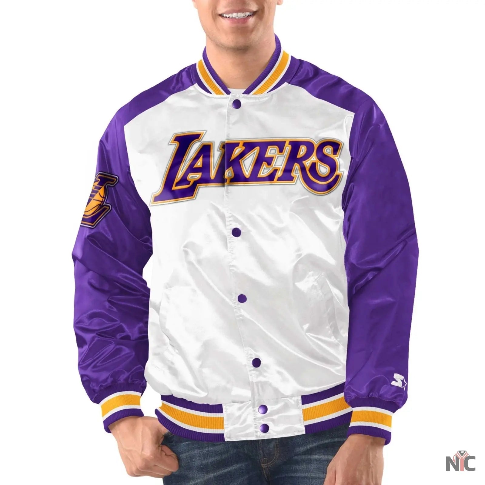 Los Angeles Lakers Renegade White & Purple Satin Jacket Clanton Jacket