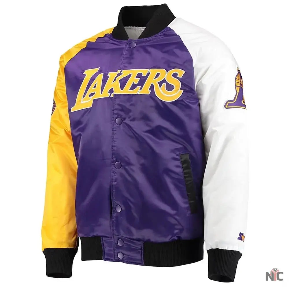 Los Angeles Lakers Tricolor Satin Varsity Jacket Clanton Jacket