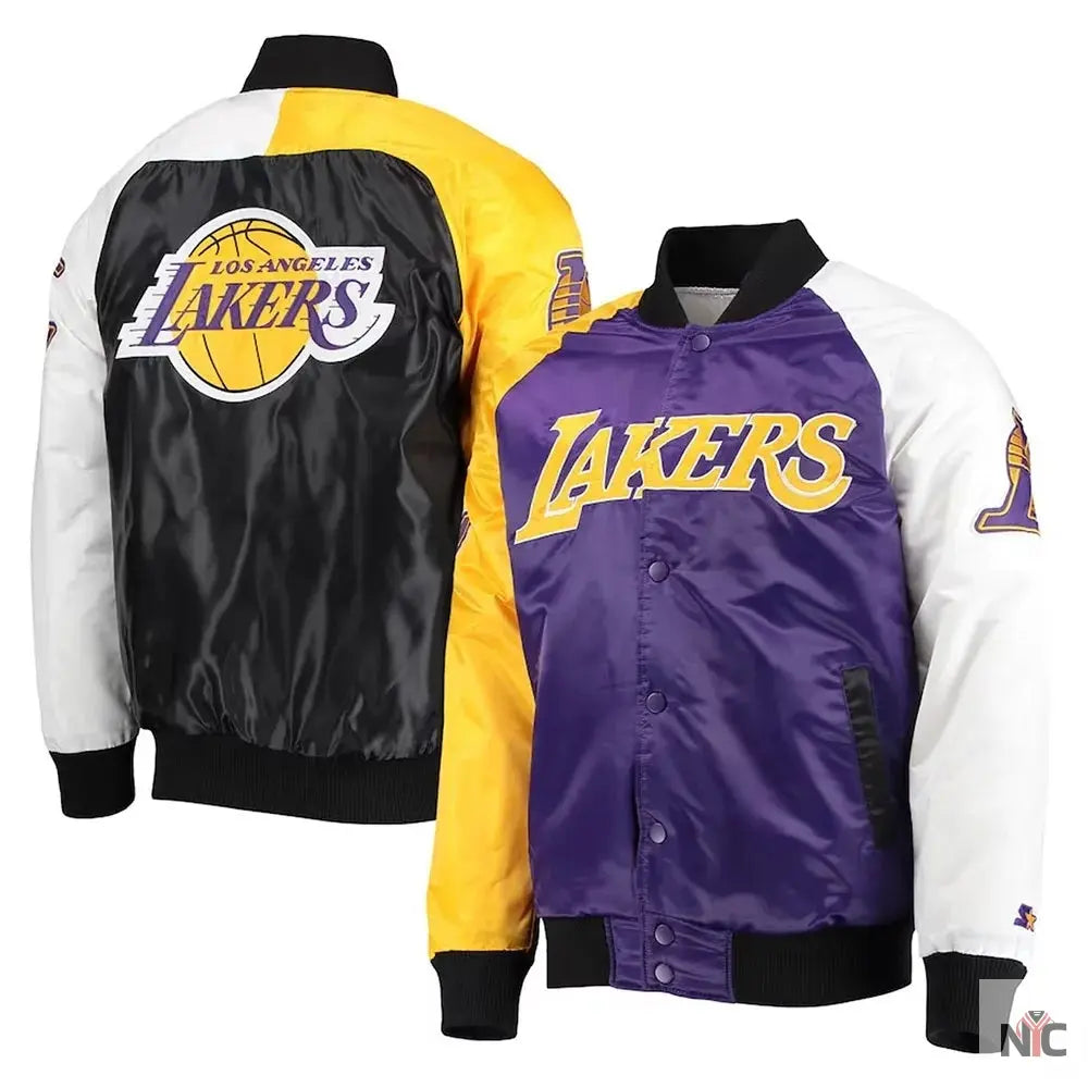 Los Angeles Lakers Tricolor Satin Varsity Jacket Clanton Jacket