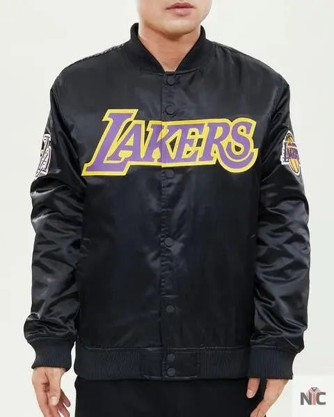 Los Angeles Lakers Wordmark Black Satin Jacket Clanton Jacket