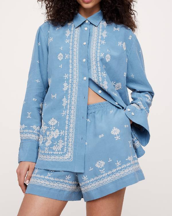Only Murders in the Building Meryl Streep Blue Embroidered Shirt