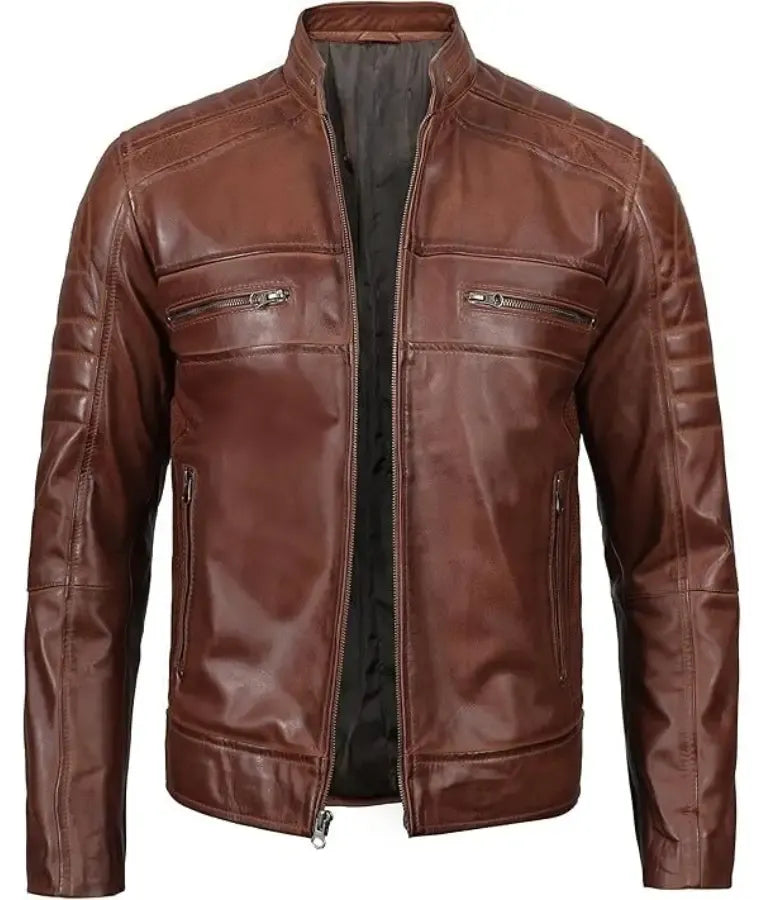 Men Brown Lambskin Cafe Racer Leather Jacket