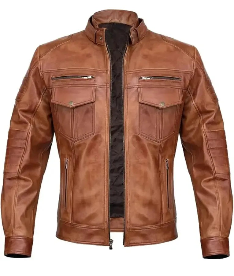 Men Slim Fit Biker Brown Leather Jacket