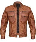 Men Slim Fit Biker Brown Leather Jacket