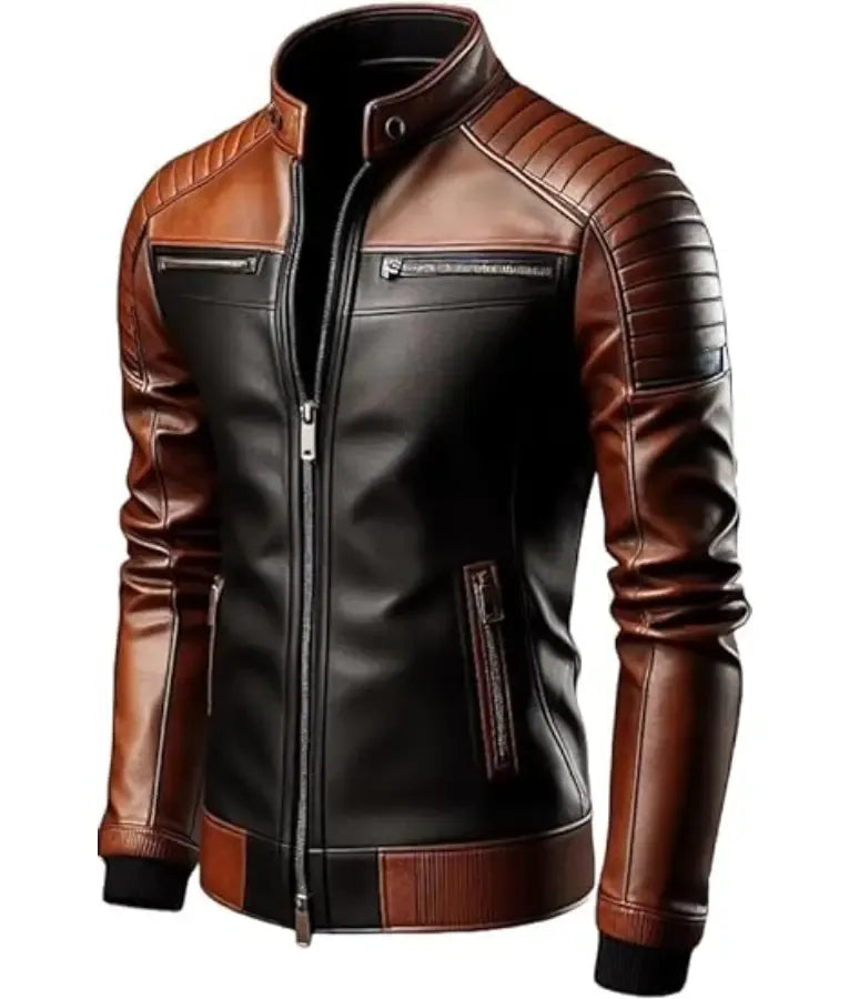 Men Stand Collar Trucker Leather Jacket
