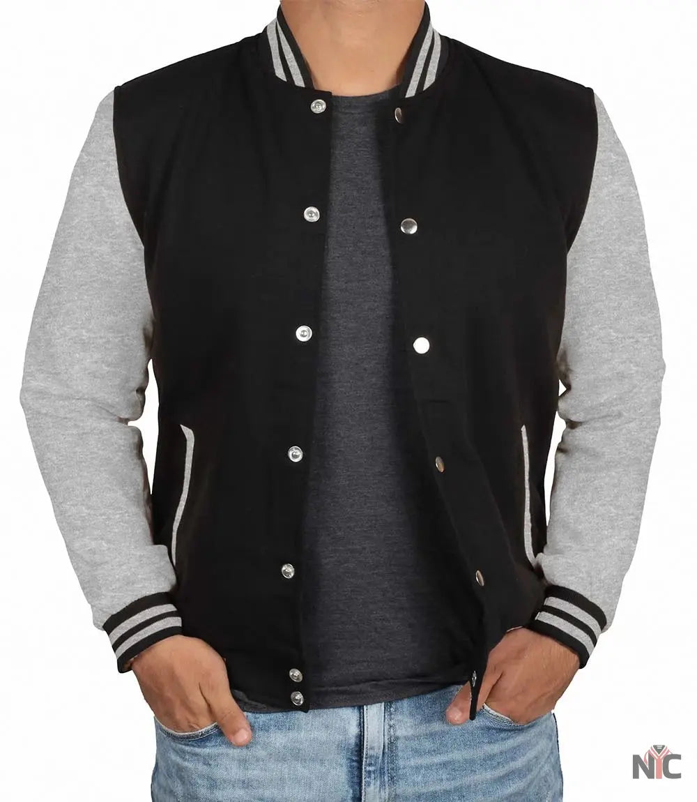 Men's Black and Grey Varsity Bomber Jacket Clanton Jacket