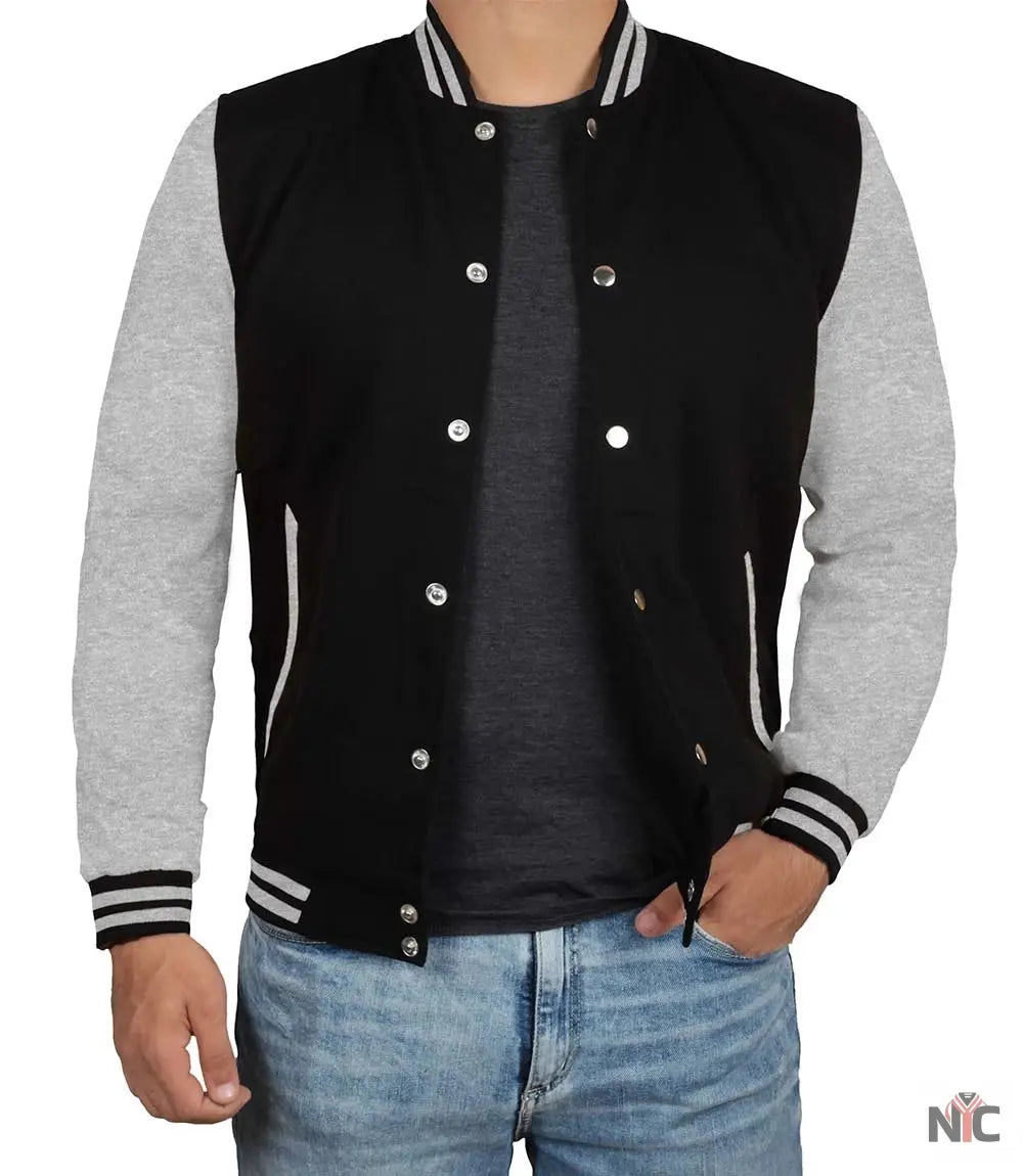 Men's Black and Grey Varsity Bomber Jacket Clanton Jacket